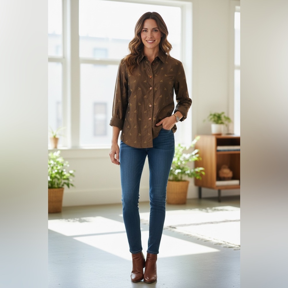 Doncaster long-sleeve 100% silk blouse gold floral embroidery